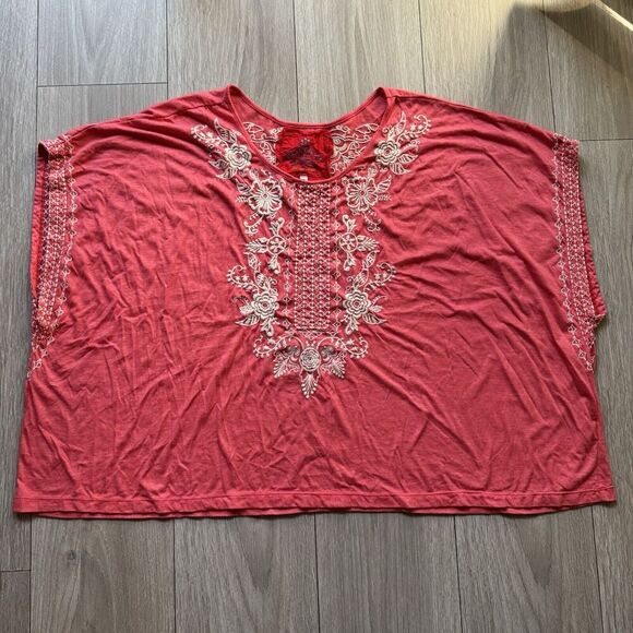 Johnny Was Tunic Top Womens 1X Embroidered Boho Floral Pink Passion Fruit Voile - Picture 1 of 10